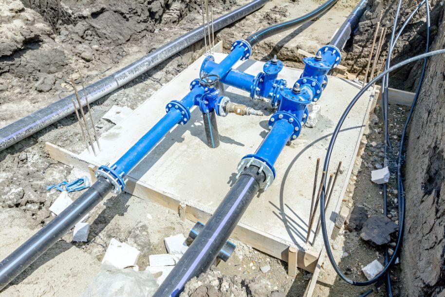 A Bunch Of Blue Pipes Are Sitting On Top Of A Wooden Table — Barney Hinds Plumbing In Point Vernon, QLD