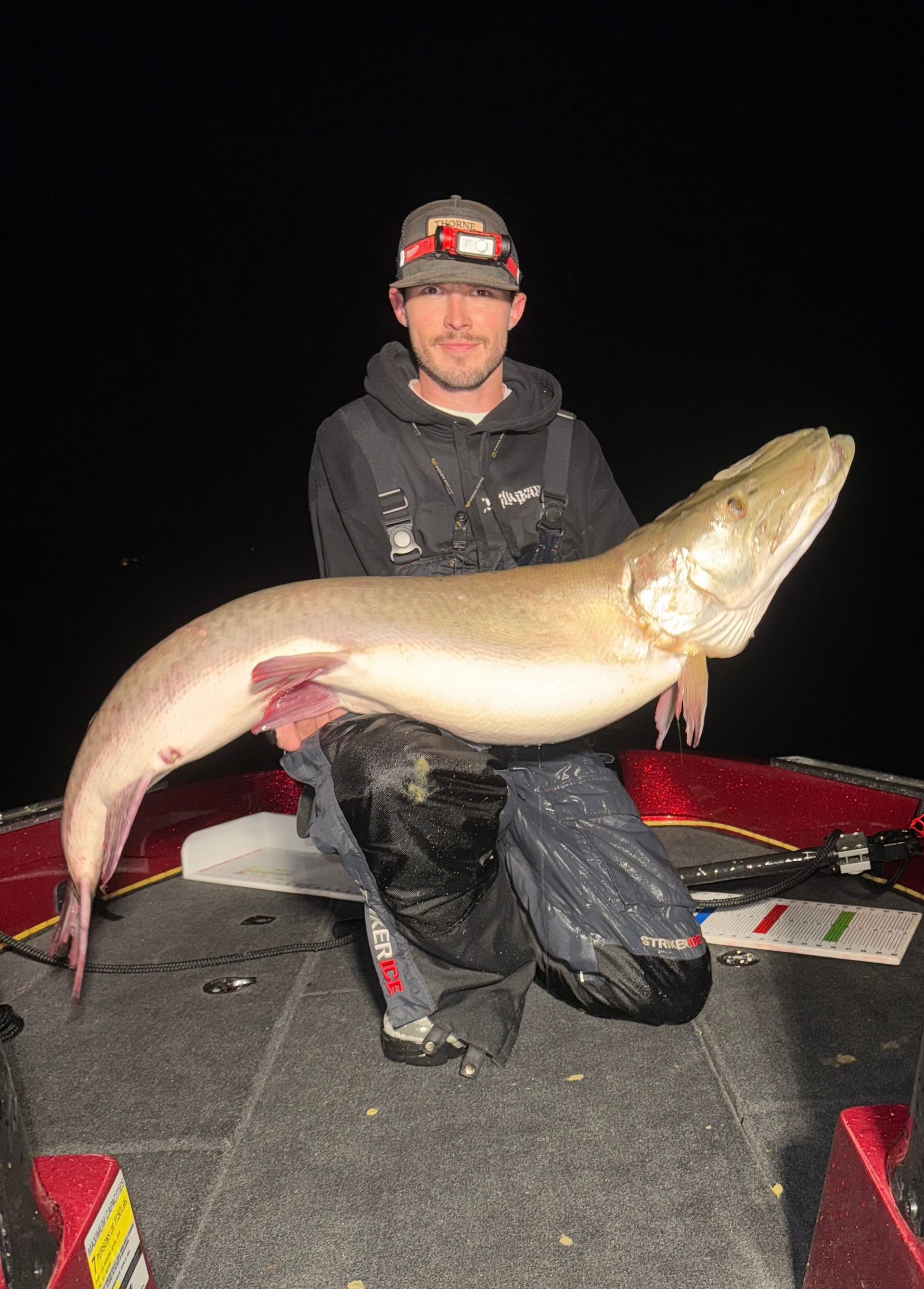 Man holding large fish on boat at night.
