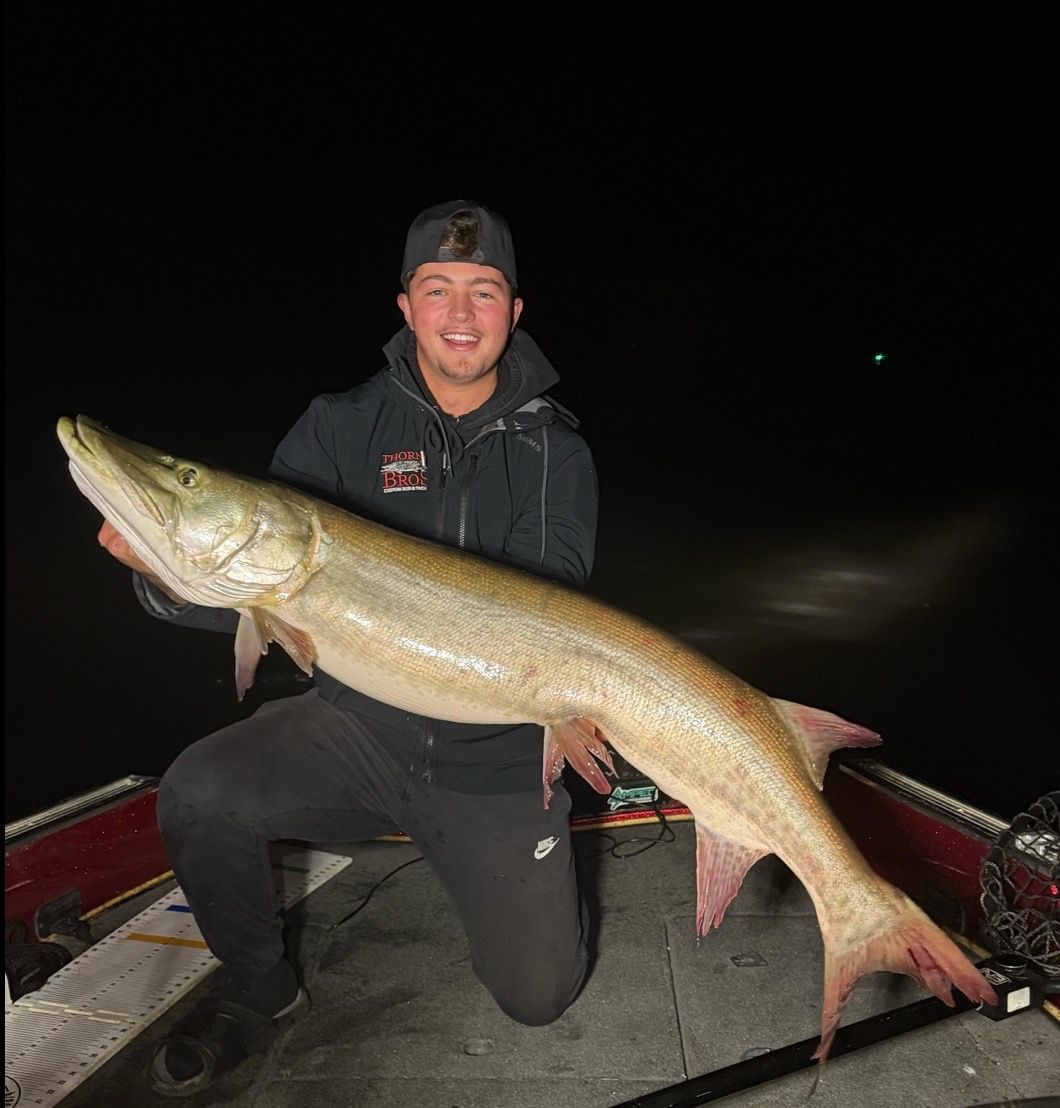 Man kneels on boat holding large fish at night.