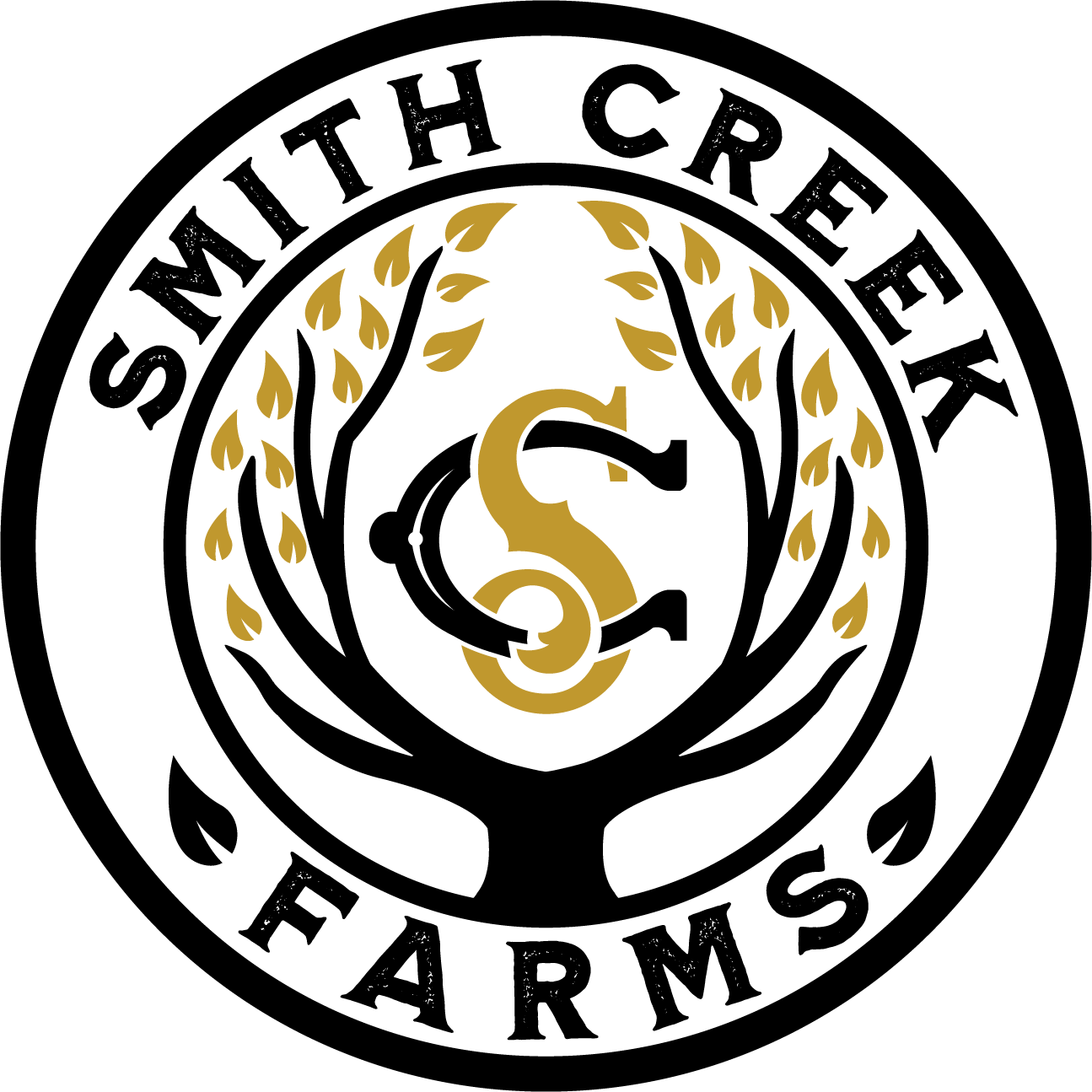 The logo for smith creek farms is a tree with antlers and leaves in a circle.