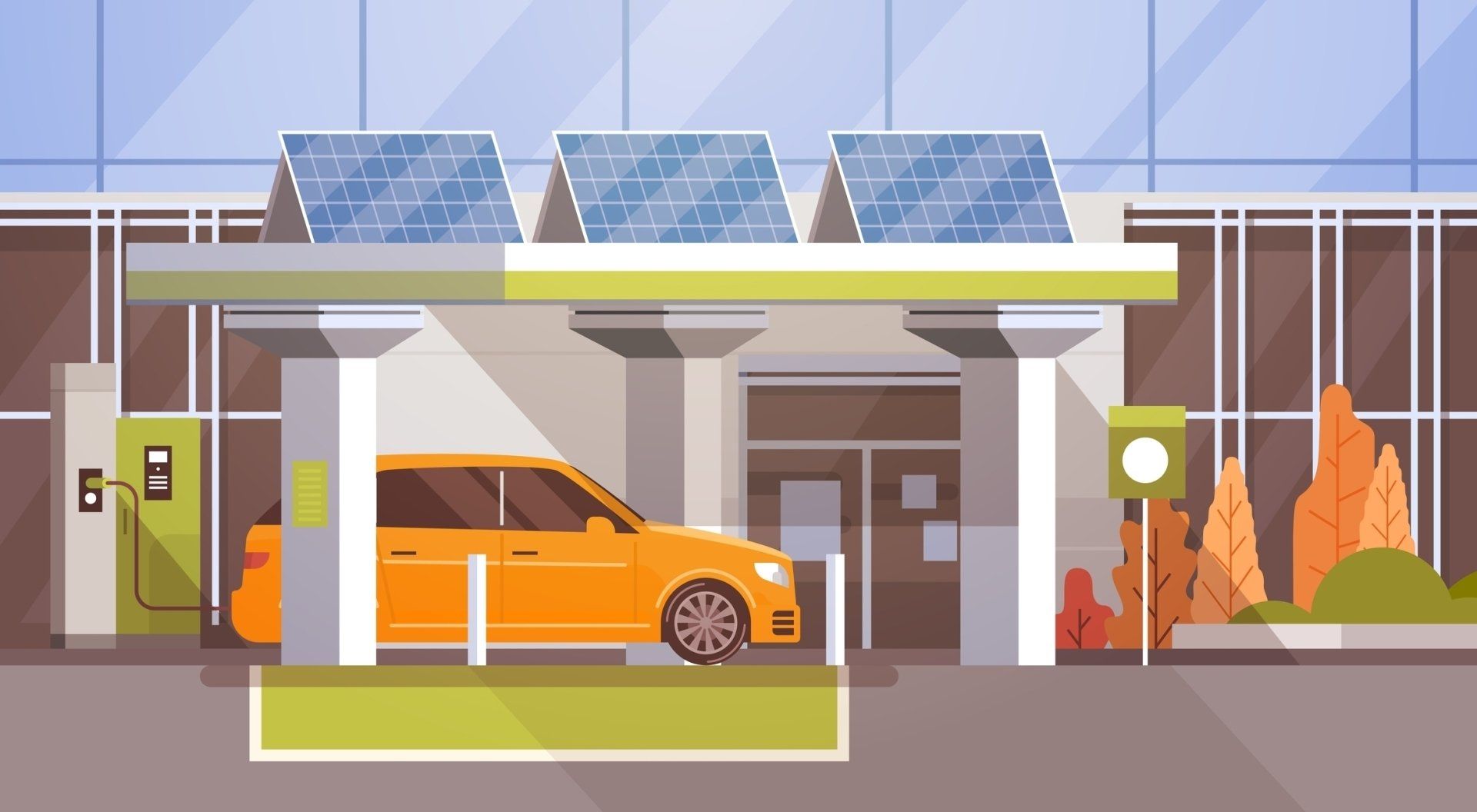 Dessin graphique d'une voiture qui recharge en dessous d'un toit de panneaux solaires - LOEBER