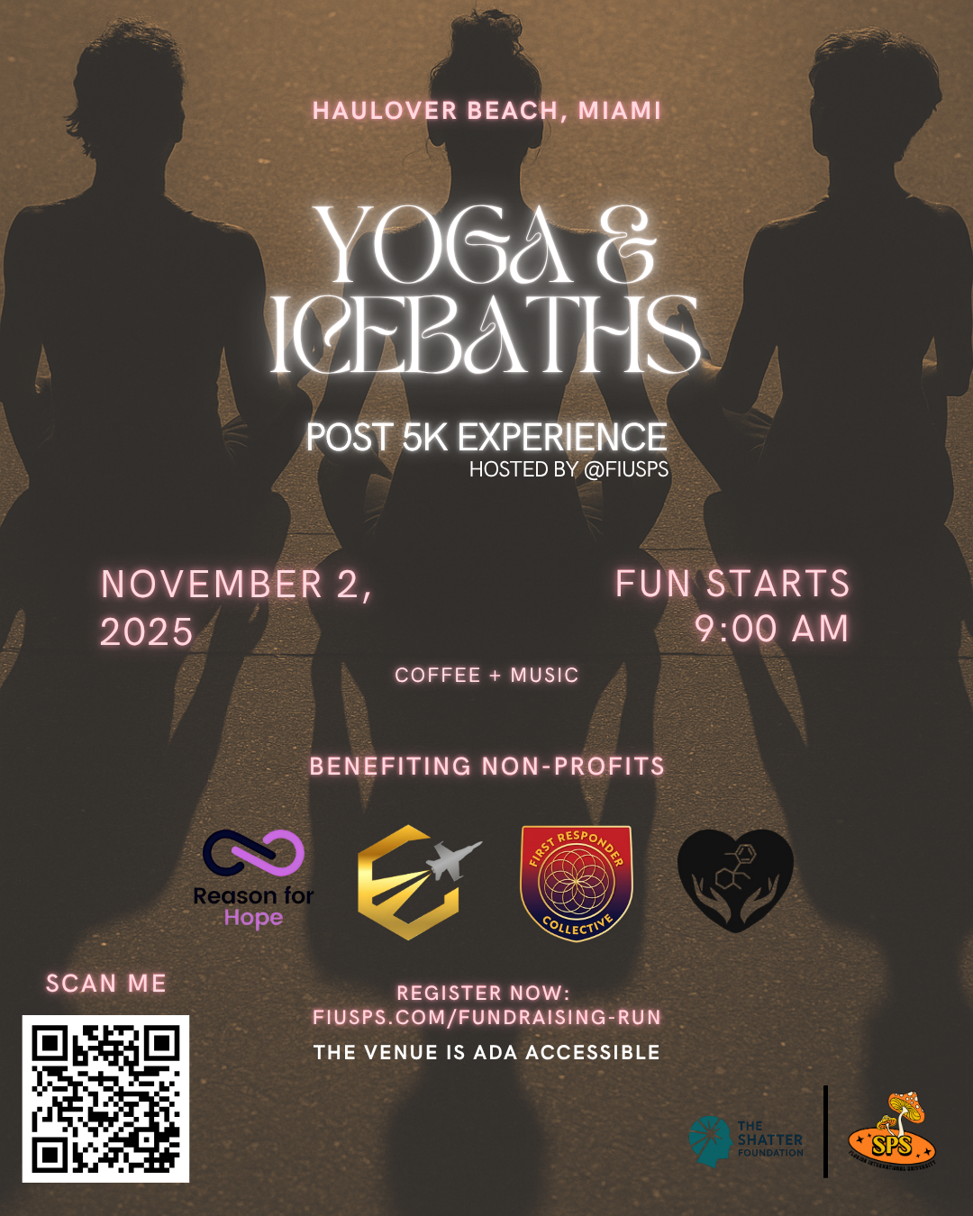 Poster: Yoga & Icebaths post-5k experience at Haulover Beach, Miami, on November 2, 2025. Features silhouettes of people and event details.