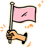 A hand is holding a pink flag on a pole.