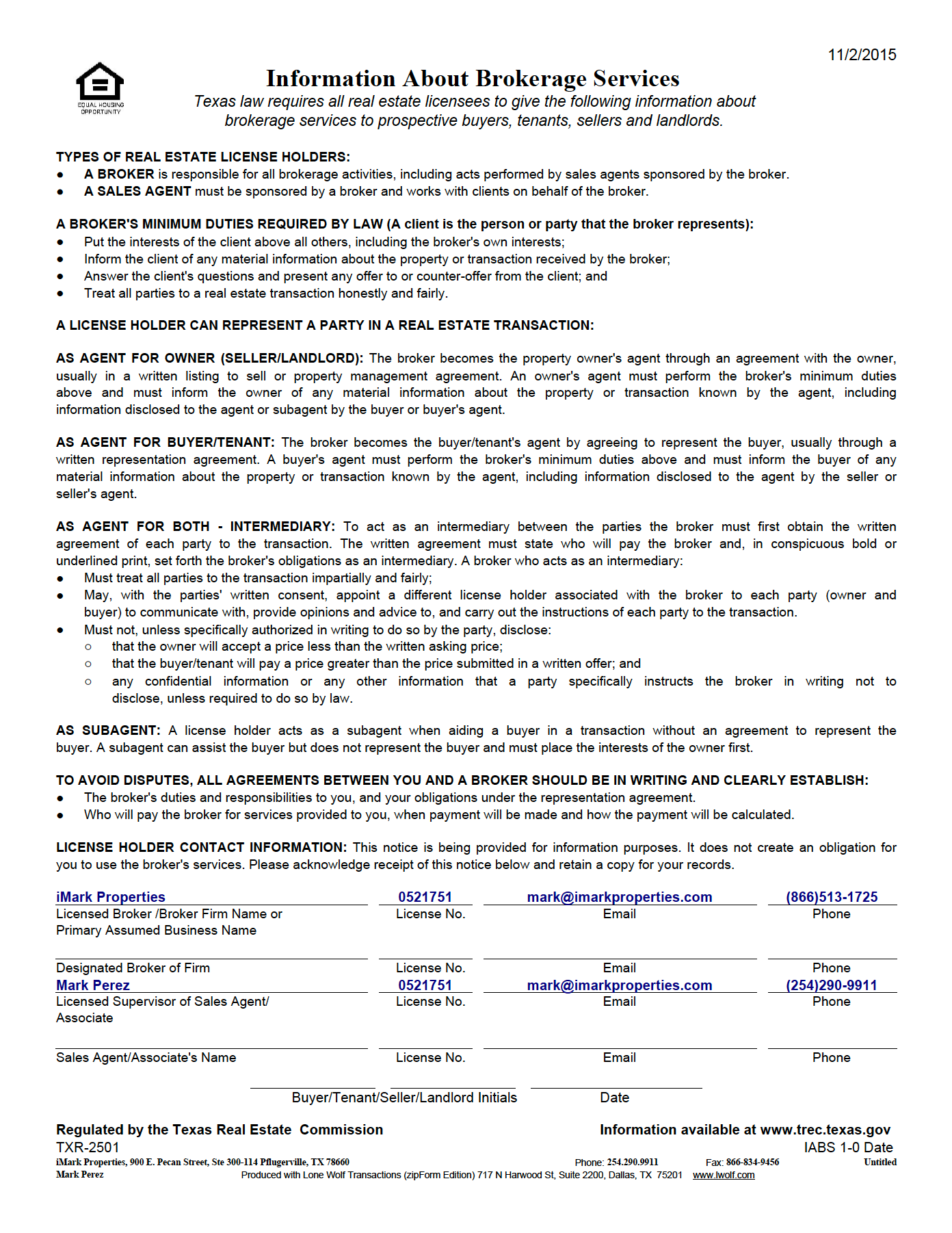 Information about Brokerage Services document with text and a home logo.