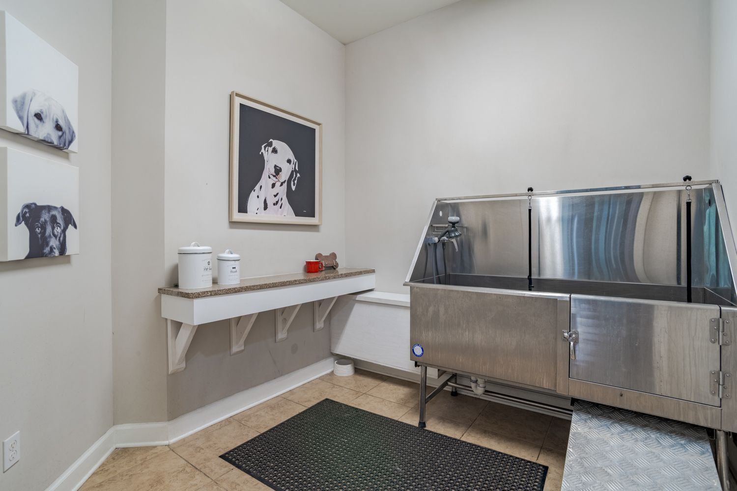 Dog wash station with stainless steel tub, artwork, and counter.
