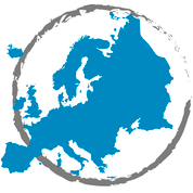 Eine blaue Europakarte ist in einem Kreis auf weißem Hintergrund dargestellt.