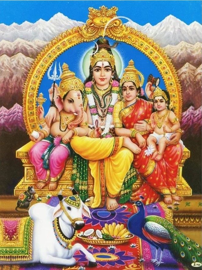 Ein Gemälde einer Familie, die auf einem Thron sitzt, mit Bergen im Hintergrund