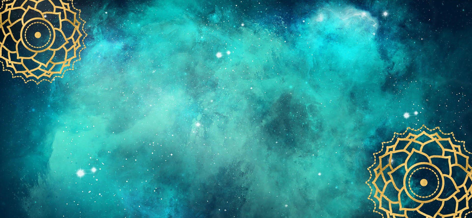 Auf blauem Hintergrund sind zwei goldene Mandalas zu sehen.