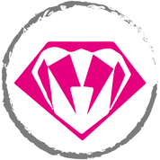 Ein rosa-weißes Logo in einem Kreis auf weißem Hintergrund.