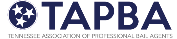 Logo for the Tennessee Association of Professional Bail Agents with dark blue letters and a Tennessee flag circle icon.