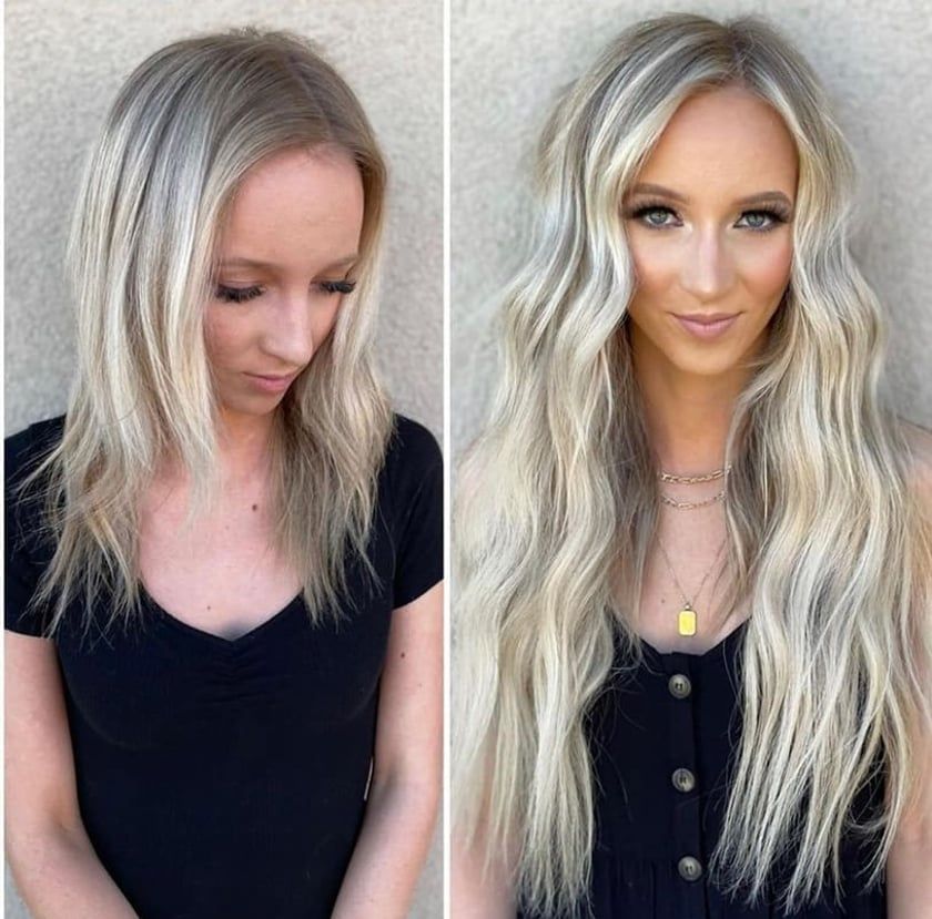 Woman with blonde hair before and after extensions. She is wearing a black top.