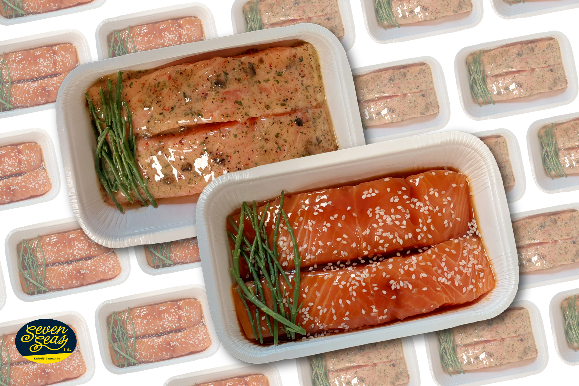 Zalmschotel met truffel en zeekraal en ovenschotel zalm met teriyaki en sesamzaad