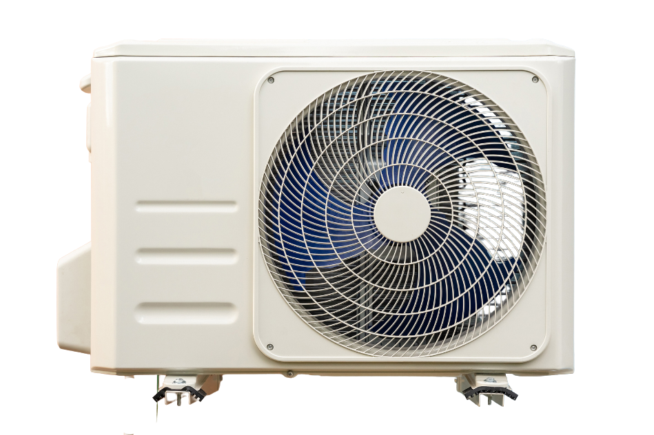 A white air conditioner with a blue fan on a white background.