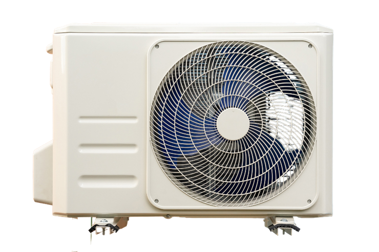 A white air conditioner with a blue fan on a white background.
