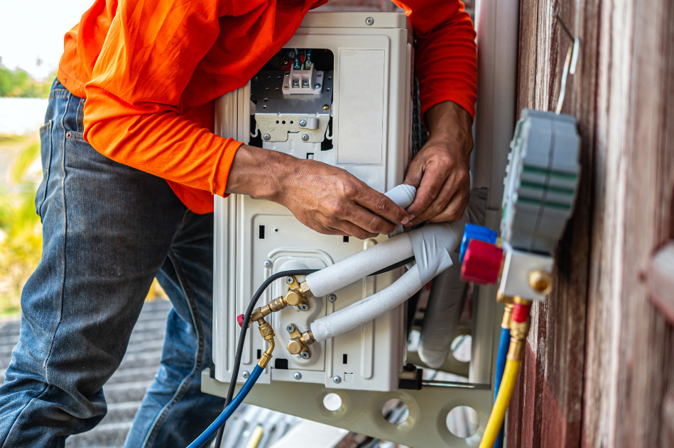 A man is working on an air conditioner outside of a building.