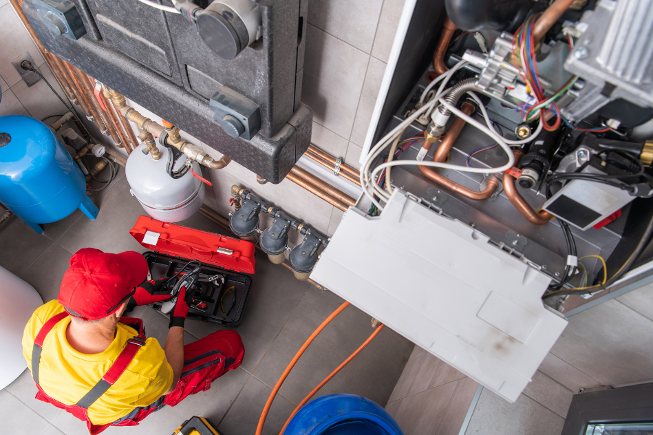 A man is working on a heating system in a bathroom.