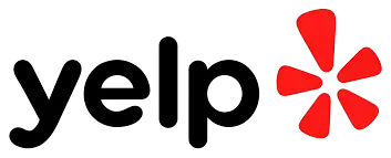 A yelp logo with a red star on a white background.
