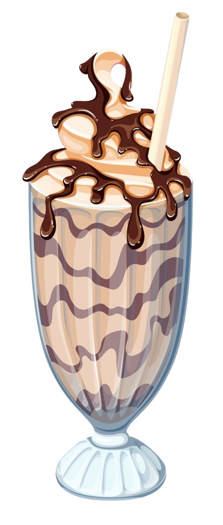 Chocolate milkshake in a glass, drizzled with chocolate sauce and a straw.