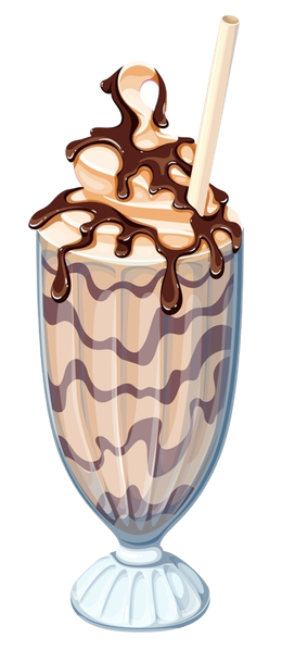 Chocolate milkshake in a glass, drizzled with chocolate sauce and a straw.