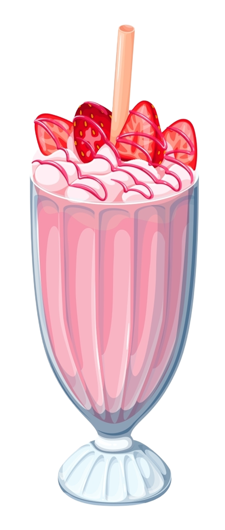 Strawberry milkshake in a tall glass with whipped cream, strawberries, and a wafer stick.