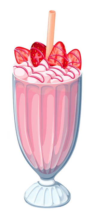 Strawberry milkshake in a tall glass with whipped cream, strawberries, and a wafer stick.