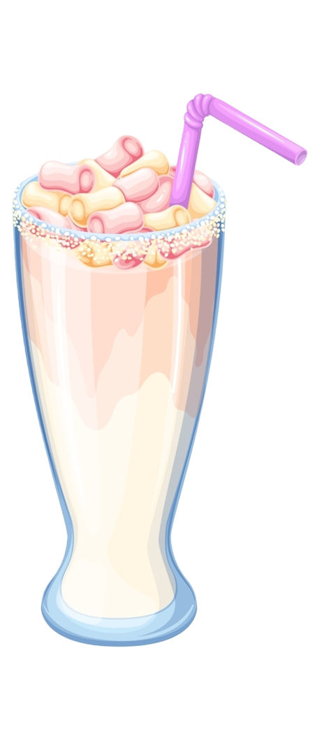 A milkshake in a tall glass, topped with marshmallows and a pink straw.