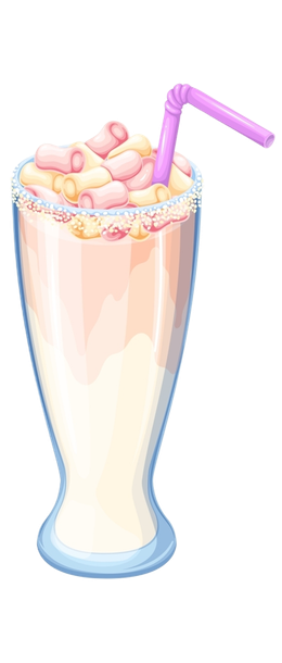 A milkshake in a tall glass, topped with marshmallows and a pink straw.