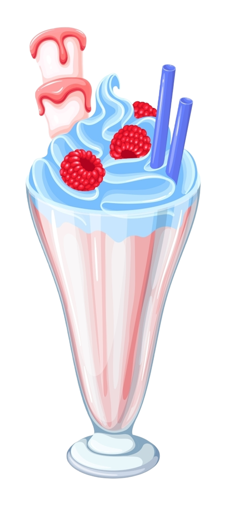 A milkshake in a glass with blue whipped cream, raspberries, a marshmallow stick and blue straws.