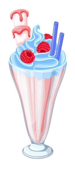 A milkshake in a glass with blue whipped cream, raspberries, a marshmallow stick and blue straws.
