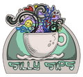 Whimsical logo: teacup overflowing with colorful doodles; "Silly Sips" below.