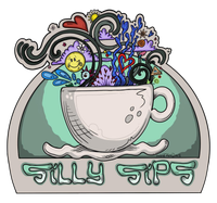 Whimsical logo: teacup overflowing with colorful doodles; "Silly Sips" below.