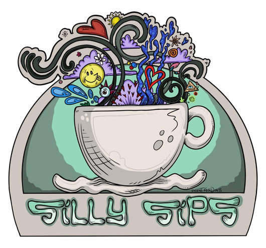 Whimsical logo: teacup overflowing with colorful doodles; "Silly Sips" below.