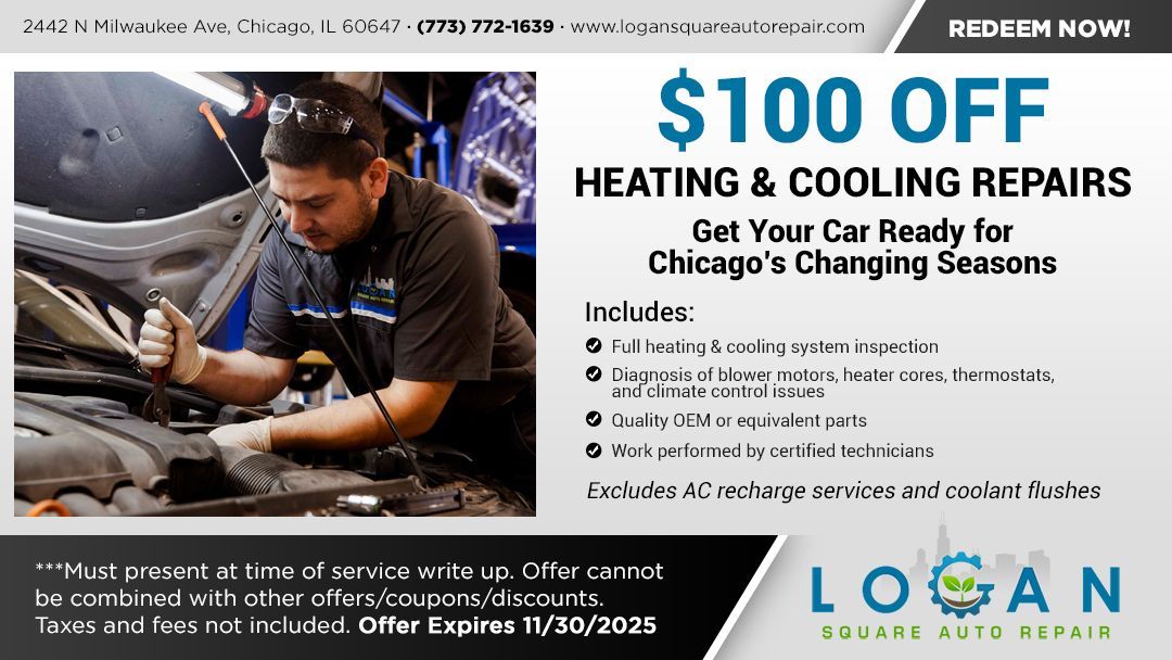 Mechanic working on a car engine. Ad offers $100 off heating and cooling repairs in Chicago. Offer expires 11/30/2023.