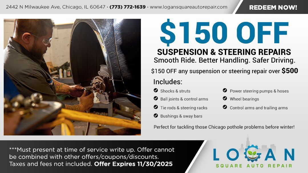 Mechanic working on car suspension, $150 off suspension & steering repair. Offer expires 11/30/2023.