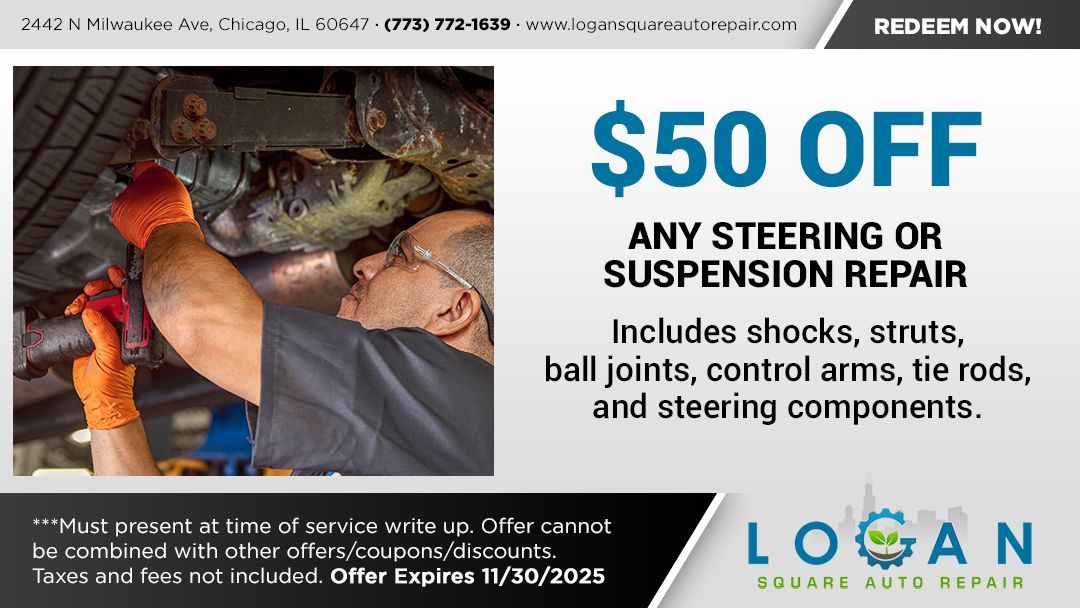 Mechanic working on a car's undercarriage; offering $50 off steering or suspension repairs. Includes shocks, struts, etc. Expires 11/30/2025.