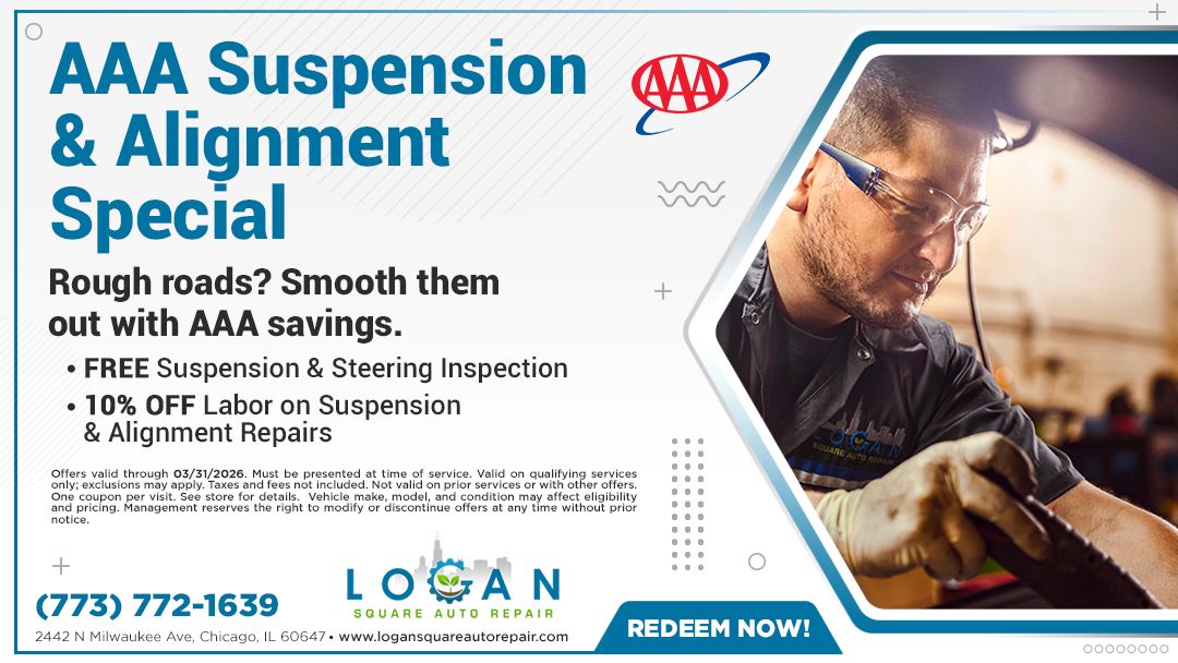 AAA Suspension & Alignment Special AAA ad: Suspension & alignment special. Offers free inspection & 10% off labor. A mechanic working on a car.