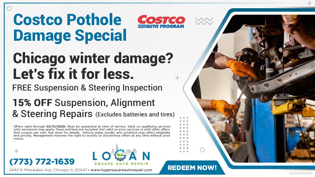 Costco Pothole Damage Special Ad for Costco Pothole Damage Special in Chicago: free inspection, 15% off repairs. Mechanic works on car wheel.