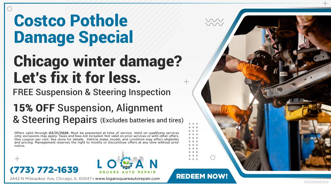 Advertisement for Costco Pothole Damage Special: Free inspection and 15% off repairs. Features a mechanic working on a car.