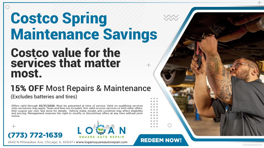 Costco Spring maintenance savings ad: 15% off most repairs. Mechanic working on car, contact info included.