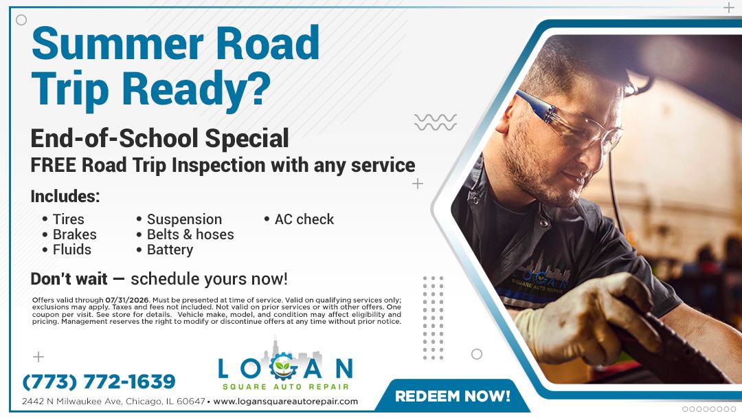 Summer Road Trip Ready? End-of-season special for free road trip inspection; mechanic fixes a tire.