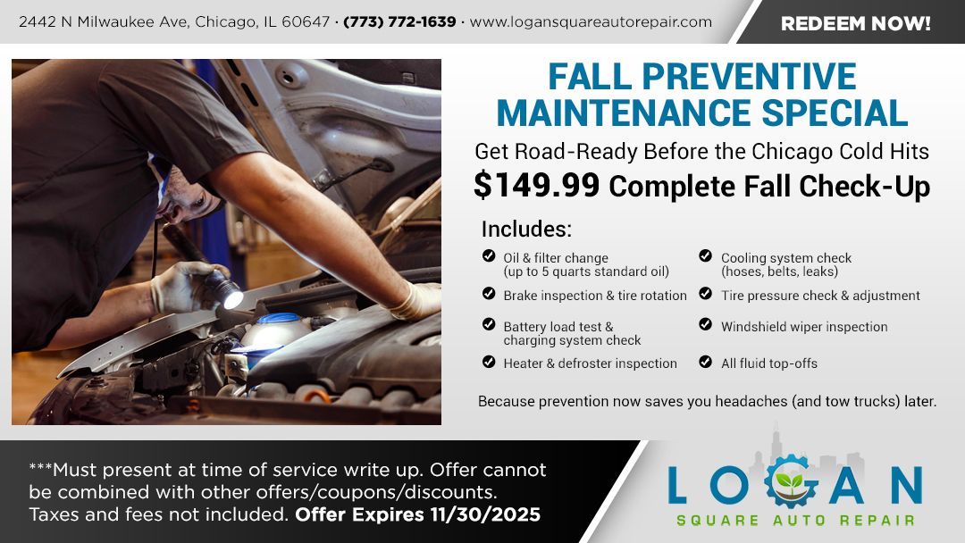Mechanic working on a car, promoting a $149.99 Fall Check-Up special.