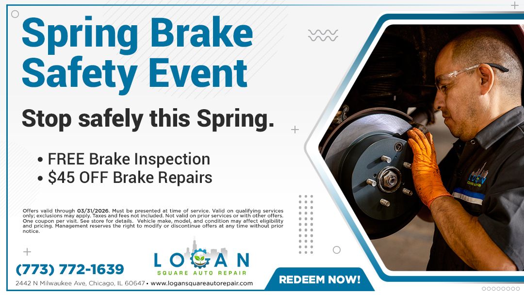 Spring Brake Safety Event Advertisement for Logan Auto Service: Brake safety event with free inspection and $45 off repairs. A mechanic is working on a car.