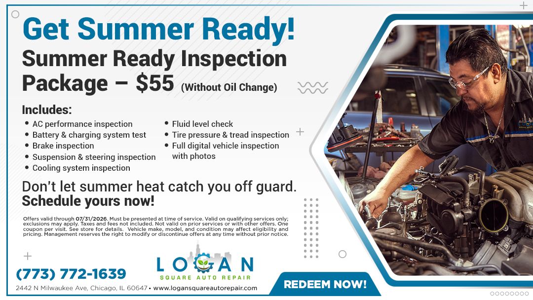 Blue auto repair ad for a summer readiness package, with a mechanic working under a car and
