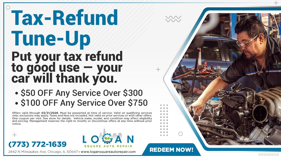 Tax-Refund Tune-Up Advertisement for car tune-up services. Mechanic working on an engine; discounts offered on services over $300 and $750.