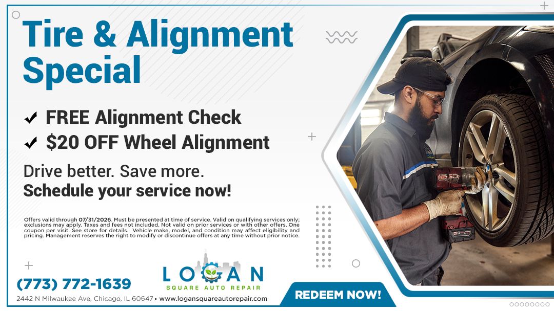 Blue car-service ad for tire and alignment special, with mechanic working on a wheel and a āBook nowā callout.