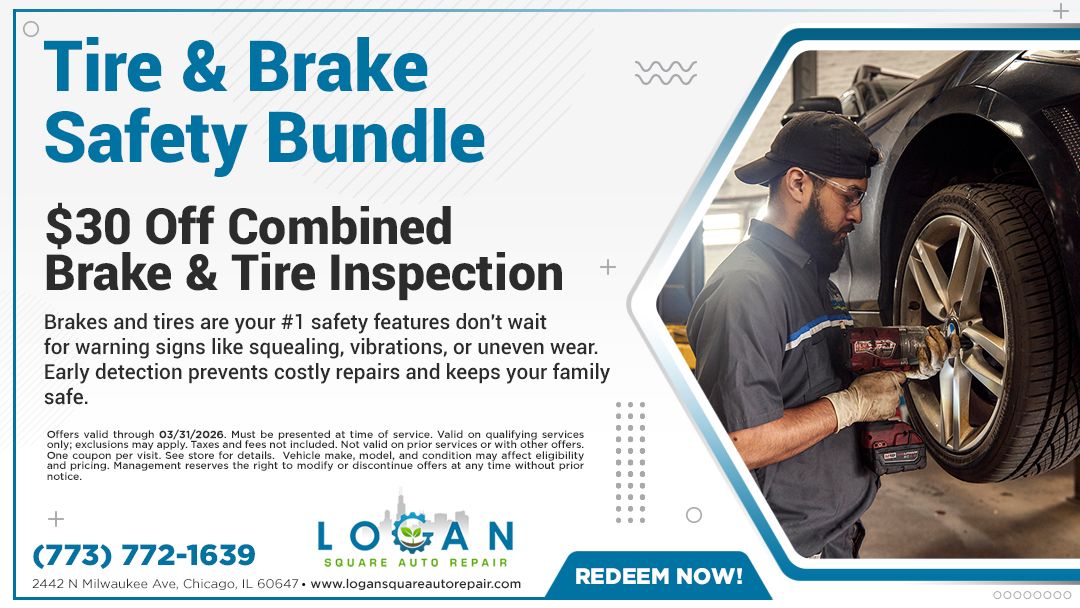 Tire & Brake Safety Bundle Ad for tire and brake inspection bundle, mechanic working on a car.