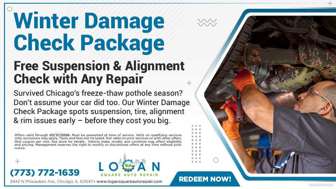 Winter Damage Check Package Advertisement for winter damage check package at Logan repair shop. Includes free suspension & alignment check with any repair.