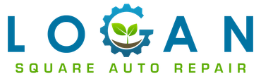 Logo for Loan Square Auto Repair with blue and green text and a gear with leaves icon
