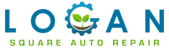 Logan square auto repair logo with a gear and a plant