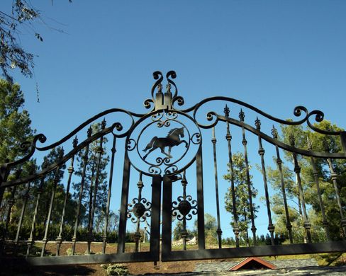 A wrought iron gate with a horse on it